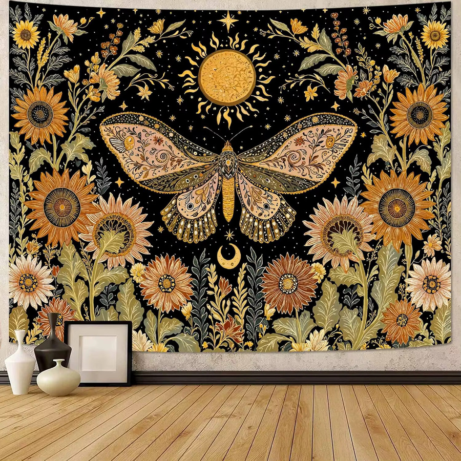 VIKAMA Wandteppich im Boho-Stil mit gelben Schmetterlingen und Blumen, Wandbehang für Wohnzimmer und Schlafsaal, B: 90 cm, H: 60 cm - Bild 1