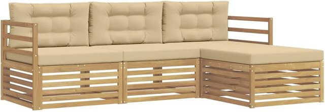 vidaXL Outdoor-Sofagarnitur L-Form aus Akazienholz mit Kissen und Ottoman, Weiß und Beige - Bild 1