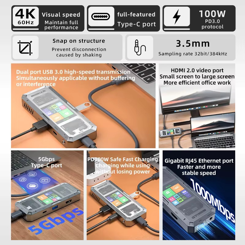PIVA G71 7-in-1 E-Sports Dockingstation USB-C Multiport-Adapter mit HDMI 4K 60Hz, USB 3.0 und 3,5mm AUX Anschluss - Bild 3