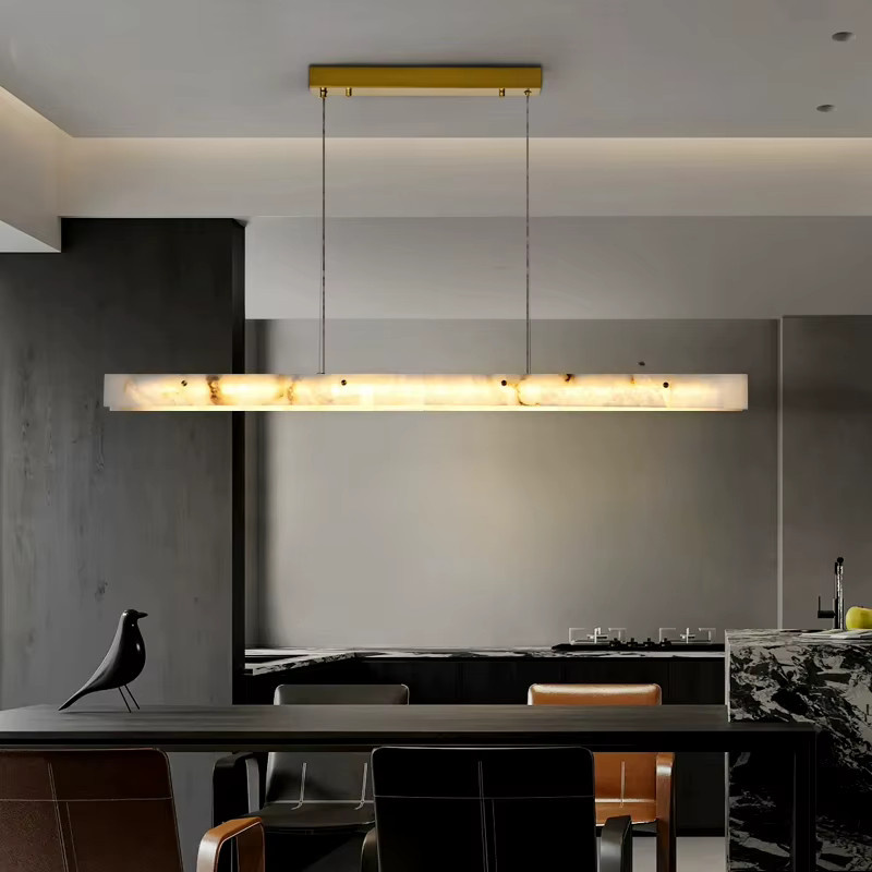 Moderne LED-Pendelleuchte aus weißem Marmor in rechteckiger Form mit Gold/Messing-Details für Esszimmer, Küche oder Schlafzimmer - Bild 3
