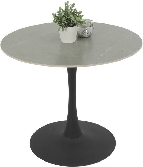 Esstisch Hela rund in Marmoroptik Grau Anthrazit aus Sintered Stone mit zentraler Säule, Durchmesser: 90 cm, Höhe: 75 cm - Bild 1