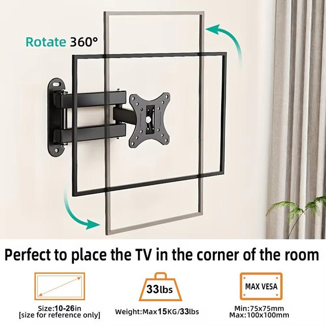 BEISHI Full Motion TV-Wandhalterung für 10–26 Zoll Monitore und Fernseher, drehbar und kippbar, Farbe: Schwarz, max. VESA 100 x 100 mm - Bild 1