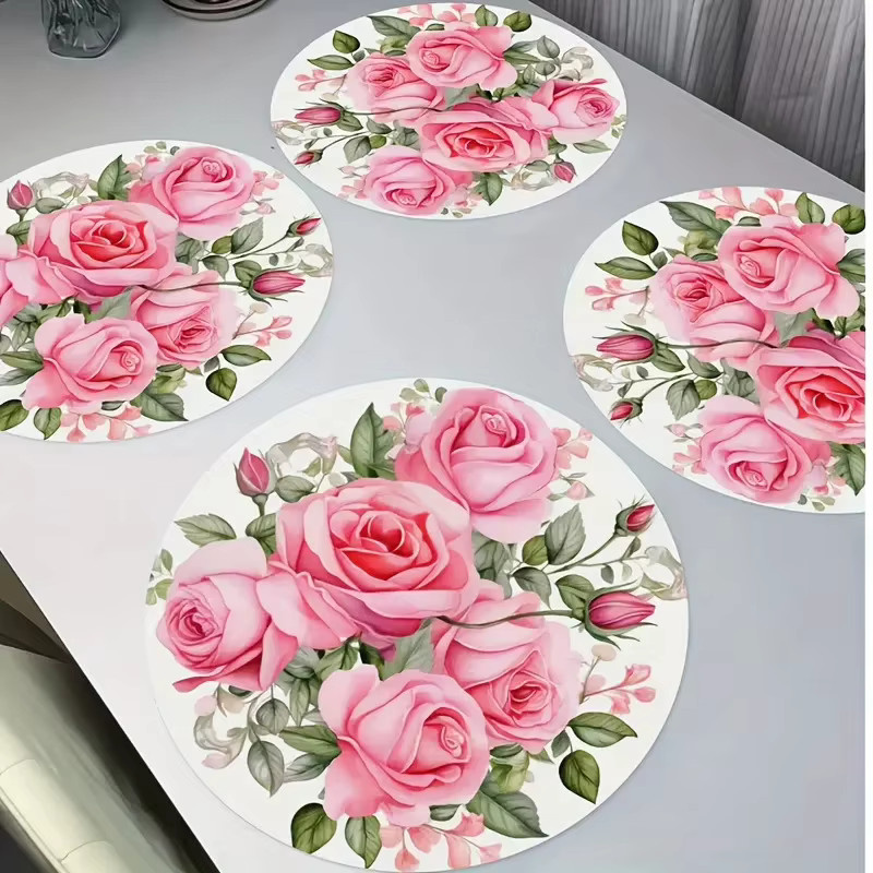 VIKAMA Tischsets aus Leinen, 4 Stück, rund, rosa, floral, maschinenwaschbar - Bild 2