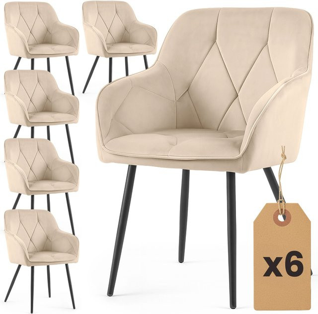 6er Set gepolsterte Stühle DIAMANTE von AKORD in Beige mit schwarzen Metallbeinen - Bild 1