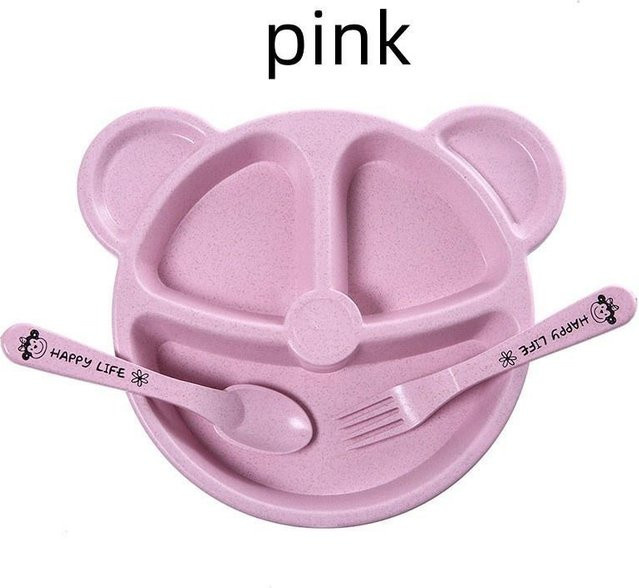 Kindergeschirr Set aus Weizenstroh mit Cartoon Bär und Besteck in Rosa, Blau oder Beige - Bild 1