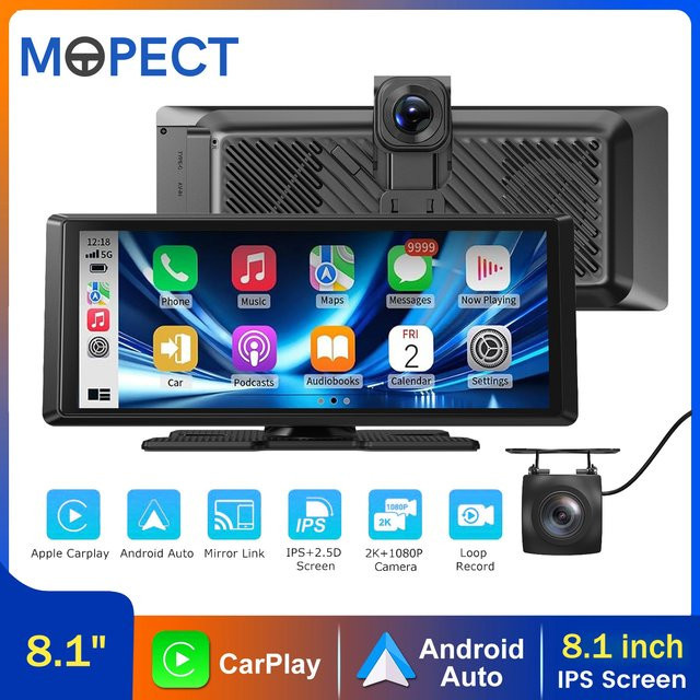 MOPECT 8,1 Zoll Autoradio mit 4K+1080P Touchscreen, kabellosem Apple CarPlay und Android Auto, Dual-Lens-Videorekorder DVR, Mirror Link, WLAN, Bluetooth und Rückfahrkamera in Schwarz - Bild 1
