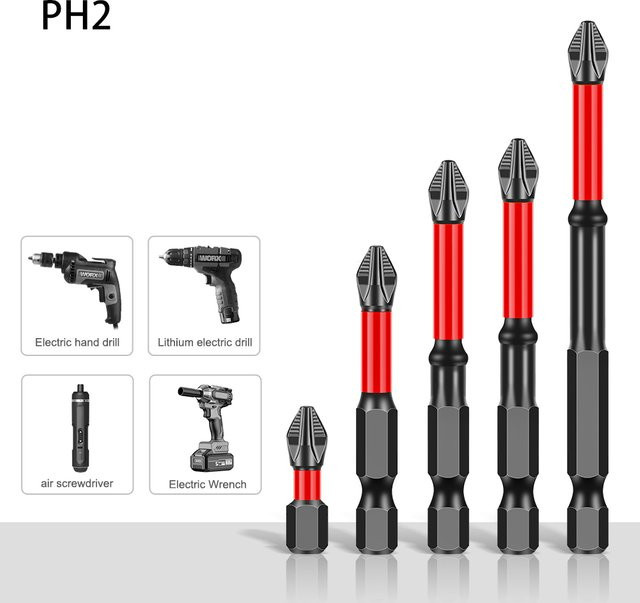JGZUI PH2 Schraubendreher-Bit mit rutschfestem Magnet und 1/4-Zoll-Sechskantschaft in Rot - Bild 1