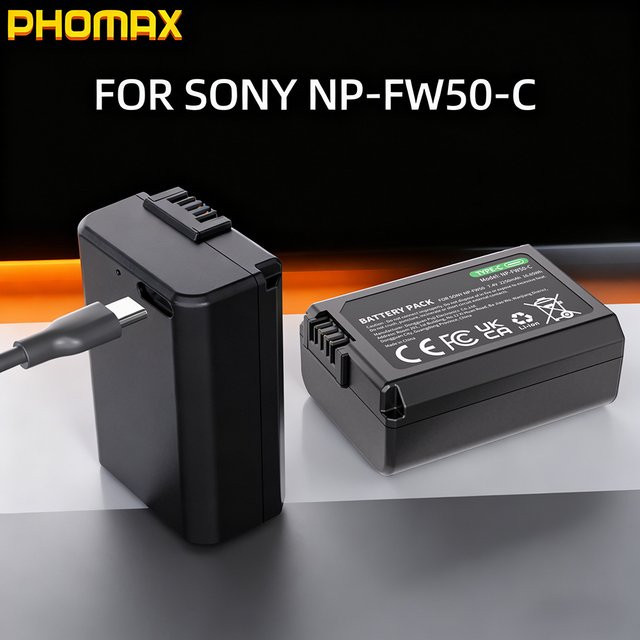 PHOMAX NP-FW50 Li-Ion Akku mit USB-C Direktladung für Sony A6400 A6000 ZVE10 A6300 A7 M2 A7R2 A6100 A5100 NEX-7 NEX-F3, 2250mAh, Schwarz - Bild 1