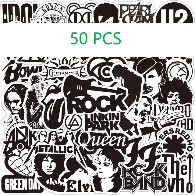 50 Stück Rockmusik-Aufkleber in Weiß und Schwarz im Graffiti-Stil für iPad, Auto, Handy, Gitarre, Motorrad und Skateboard von Yiran toy - Bild 1