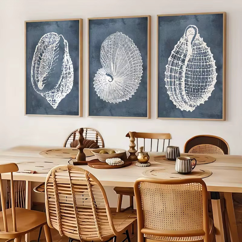 HQYSZZ 3-teiliges Leinwand-Wandkunst-Set mit blauem nautischem Muschel-Motiv für deine maritime Dekoration - Bild 2