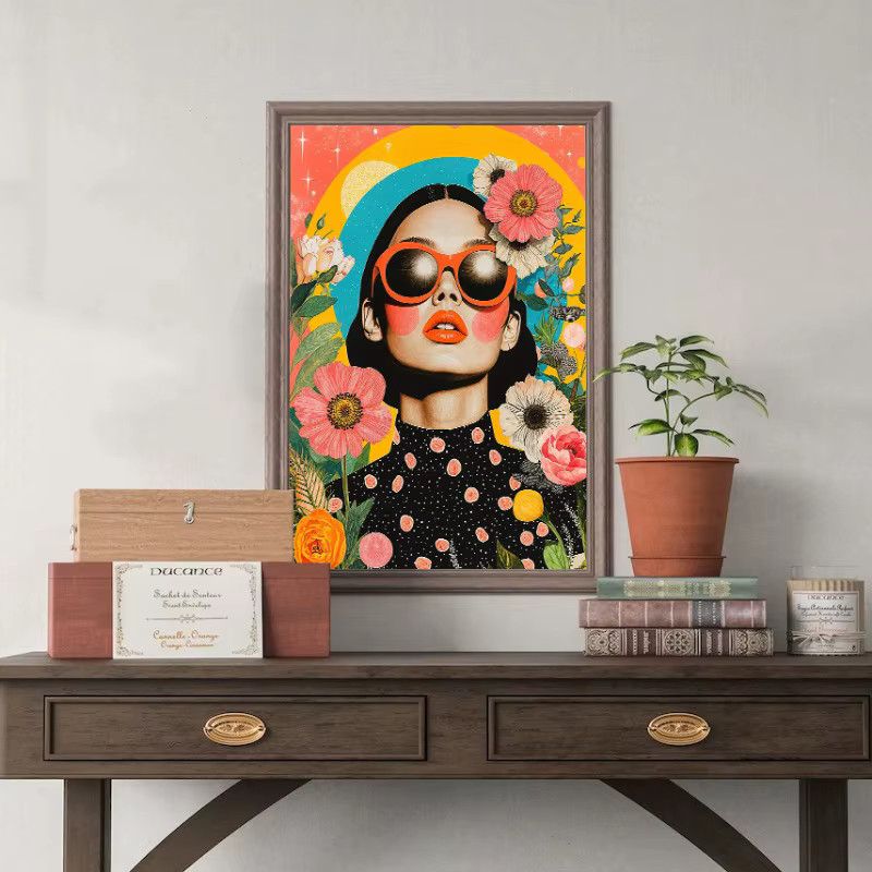 Potdemiel Vintage Leinwand Wandbild mit psychedelischer Mode Brille, Blumen und Planeten in Multicolor - Bild 3