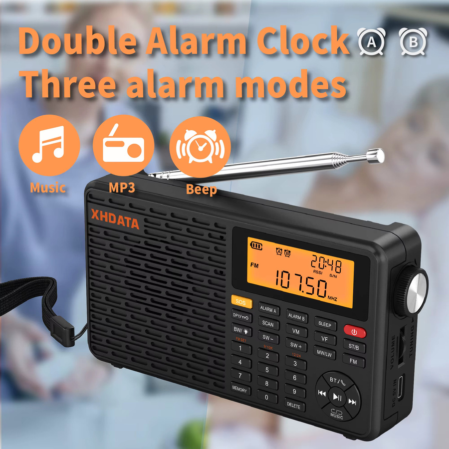 XHDATA D109WB Tragbarer Radioempfänger mit Bluetooth und Lautsprecher, Vollband-Radio FM SW MW LW, Schwarz - Bild 2
