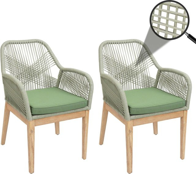 2er-Set MCW Gartenstühle H56b aus Akazie mit grünem Seilgeflecht und passenden Kissen - Bild 1