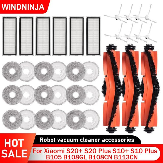 WINDNINJA Ersatzteil-Set für Xiaomi Roboterstaubsauger S10 Plus S20 Plus B105 B108CN B108GL B113CN mit Seitenbürsten, Hauptbürste, HEPA-Filtern und Wischtüchern, Multicolor - Bild 1