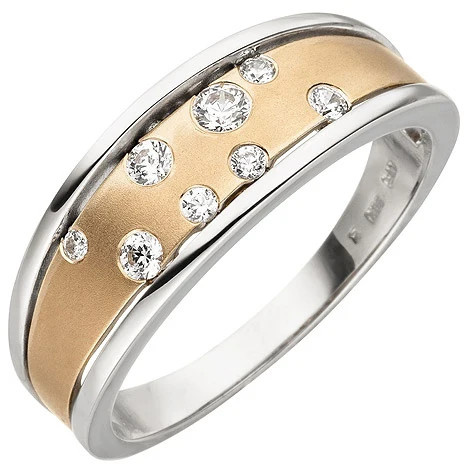 Colfem Ring Damen, 375 Gold, Weißgold, Rotgold, bicolor, matt, 8 Zirkonia, Ringgröße 58 - Bild 1