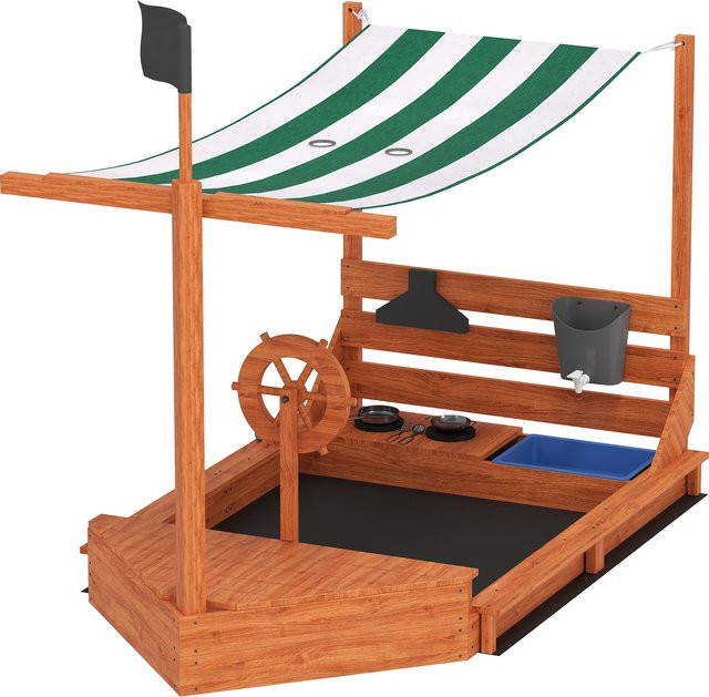 Outsunny Sandkasten im Schiff Design aus Holz mit Abdeckung und Küchenspielset, Farbe Orange, B/T/H: 180 x 103 x 144,5 cm - Bild 1