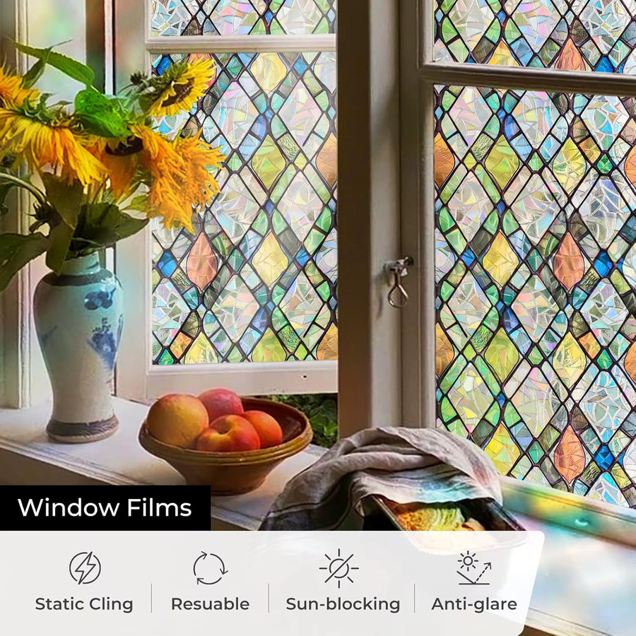 WXSHSH Gitter-Buntglas-Fensterfolie in Regenbogenfarben, statisch haftende dekorative Fensterfolie mit geometrischem Design für Privatsphäre an Fenstern und Türen - Bild 4