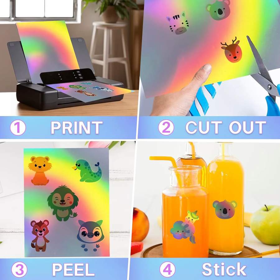 ESHANG Holografisches Aufkleberpapier A4, 10 Blatt wasserfestes Vinyl-Aufkleberpapier in Multicolour für Tintenstrahl- und Laserdrucker - Bild 2