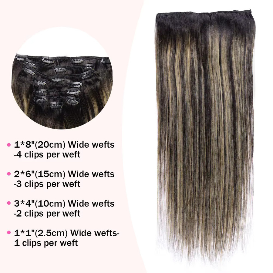 SHUOZI Clip-in-Haarverlängerung aus Echthaar, 7 Stück, Balayage, Schwarz-Goldblond - Bild 4