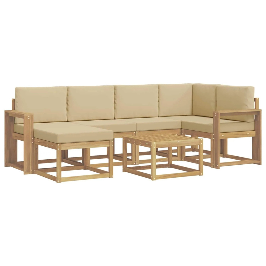 vidaXL Outdoor-Sofagarnitur 7-teilig aus Akazien-Massivholz in Weiß und Beige mit L-Form, Polsterung und Kissen für Garten und Terrasse - Bild 2