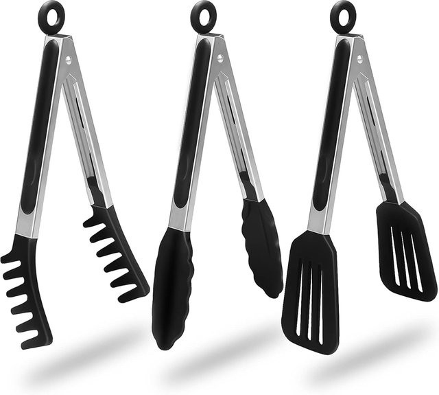 LMETJMA 3-in-1 Küchen-Kochzangen-Set aus Silikon und Edelstahl in Schwarz, hitzebeständige und kratzfeste Grillzange JT303 - Bild 1
