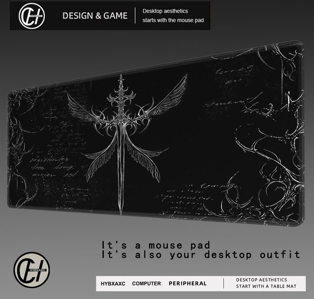 HYBXAXC Gaming-Mauspad XXL mit Schwertkunst-Design und gotischen Symbolen in Schwarz und Weiß - Bild 1