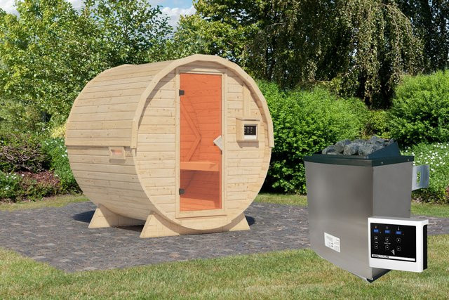 Karibu Fasssauna aus nordischer Fichte mit 9,0 kW Ofen und Steuergerät, B/T/H: 225 x 175 x 229 cm - Bild 1