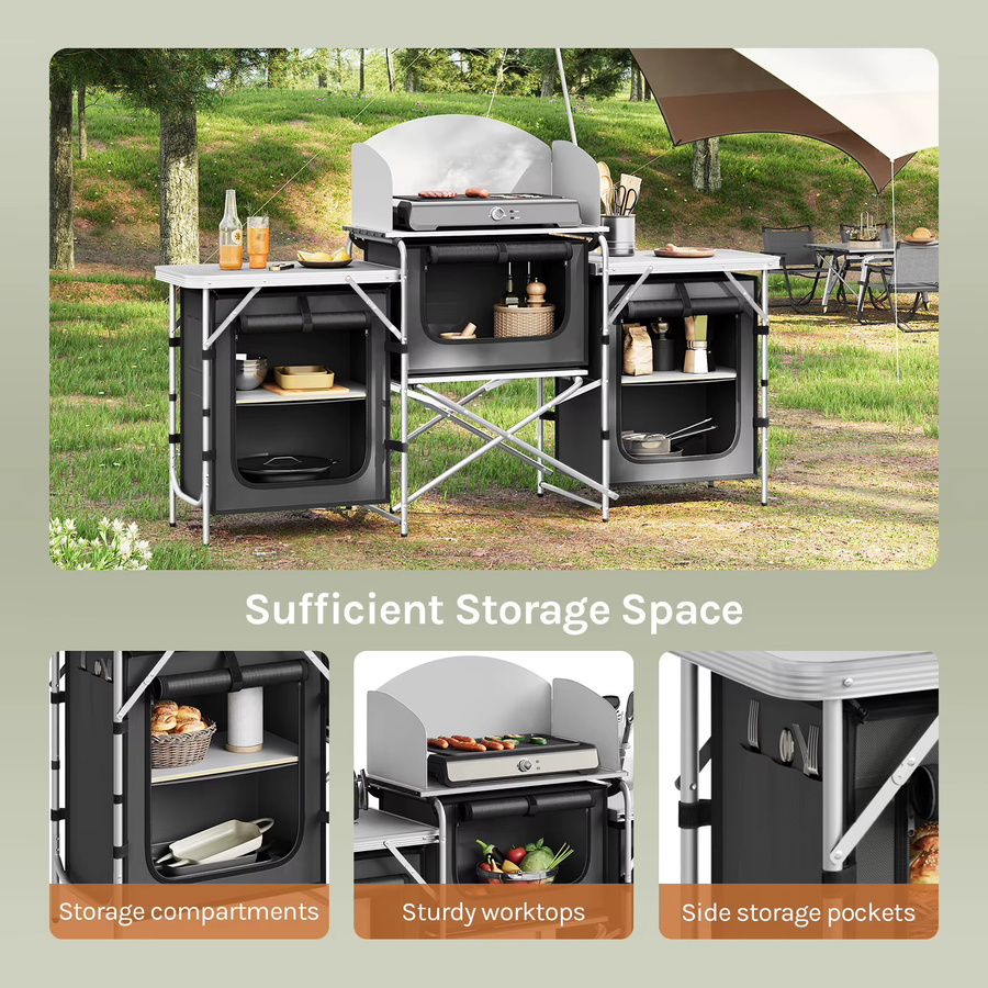 WOLTU Klappbarer Camping-Küchenschrank aus Aluminium in Schwarz mit Arbeitsplatten und Stauraum für Outdoor-Picknick und Grillen - Bild 4