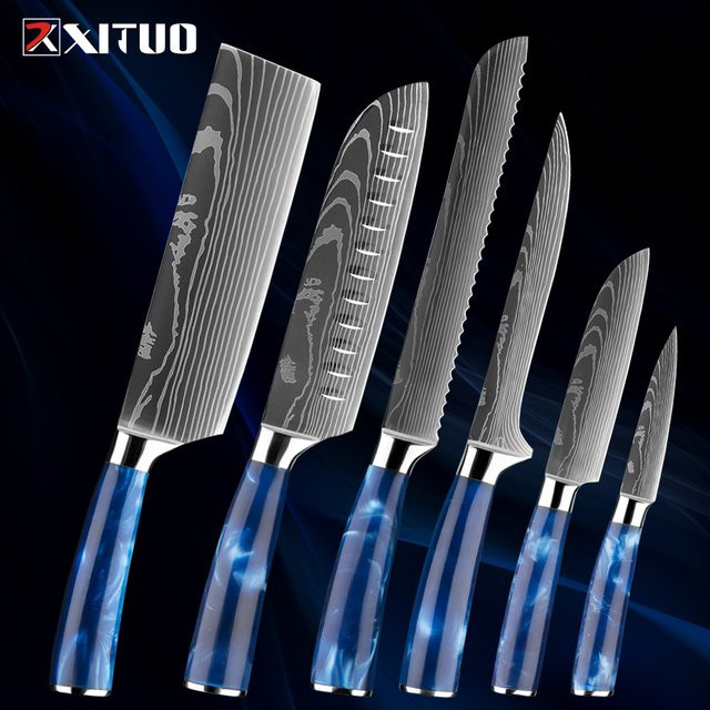 XITUO 1-6-teiliges Küchenmesser-Set aus Edelstahl mit blauem Kunstharzgriff und Damaskus-Lasermuster Klinge - Bild 1
