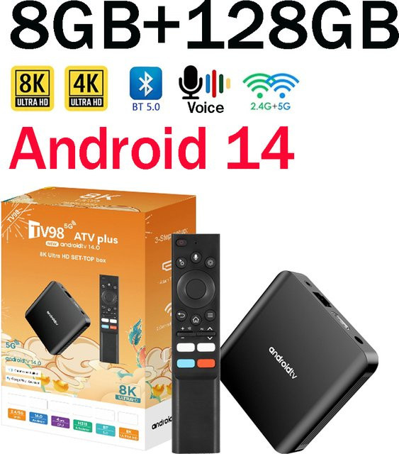 CLIBABIQBOX TV98 ATV Plus Smart TV Box mit Android 14, 8GB RAM, 128GB Speicher, Allwinner H313 Quad Core, Dual Wifi 4G/5G, Bluetooth 5.0, Sprachsteuerung, HD 4K 8K Unterstützung, Schwarz - Bild 1