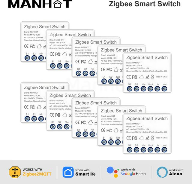 MANHOT Zigbee 3.0 Mini Smart DIY Lichtschalter Modul, 2-Wege 12A Smart Relais zur Automatisierung, kompatibel mit Tuya und Google Home, Weiß - Bild 1