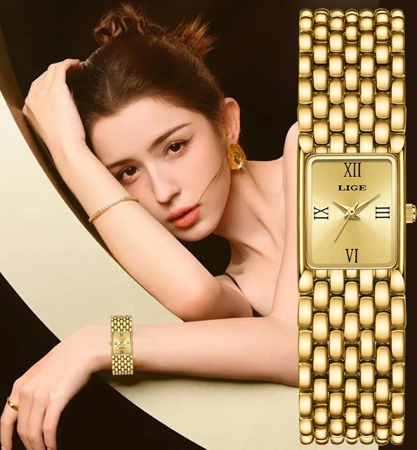 LIGE Armbanduhr Quarz, Edelstahl, Gold, Rechteckig, Damen - Bild 1