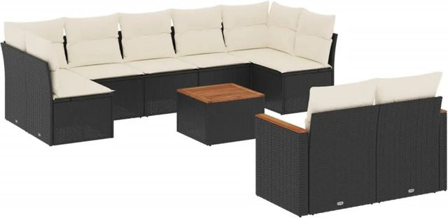 vidaXL 10-teilige Garten-Sofagarnitur aus Poly-Rattan und Akazienholz in Schwarz mit Kissen - Bild 1