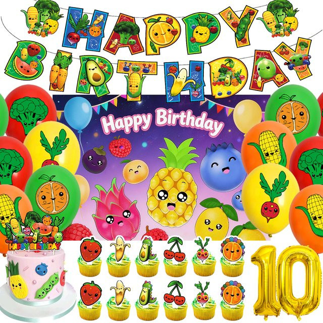 Potdemiel Dekorationsset Obst und Gemüse für Geburtstagsparty mit Ballons und Tortendekoration, Mehrfarbig - Bild 1