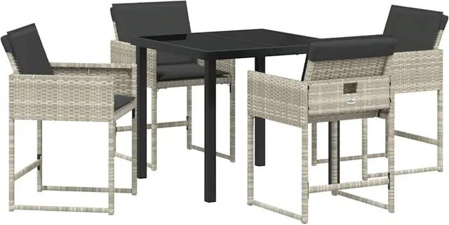 vidaXL Garten Essgruppe aus Poly Rattan mit Kissen in Hellgrau-Anthrazit, 5-teiliges Set mit quadratischem Tisch und Sicherheitsglas - Bild 1