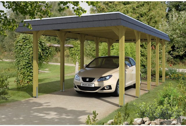 Skan Holz Carport Spreewald mit Walmdach aus Nadelholz und Aluminium-Dachplatten, Farbe: Schwarz oder Grün, B/T: 345 x 741 cm, Höhe: 241 cm - Bild 1