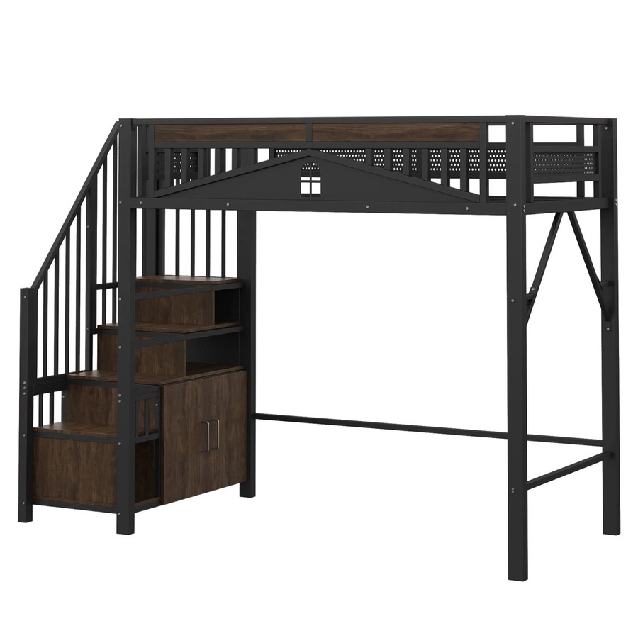 Merax Hochbett für Kinder im Industrial Design mit Treppe und Seitenfächern, Schwarz, B/T/H: 90 x 200 x 170 cm - Bild 2