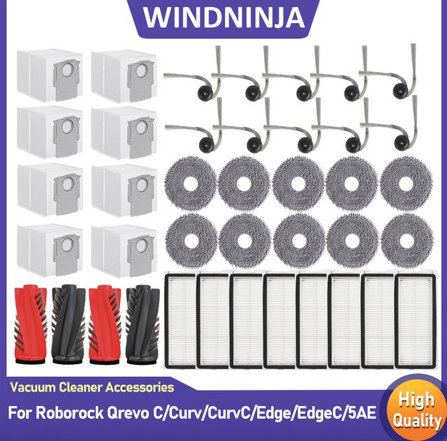 Roborock Ersatzteil-Set mit Hauptbürste, Seitenbürste, Filter, Wischpad und Staubbeutel für Qrevo C, Curv, CurvC, Edge, EdgeC, 5AE, S5V und 5AI Staubsauger - Bild 1