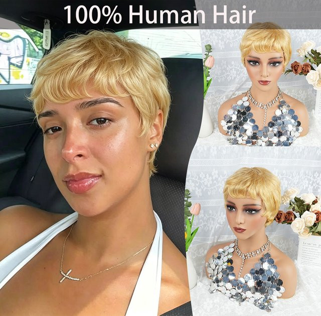 OYM HAIR Damen-Kurzhaarperücke, Pixie-Schnitt, Honigbraun - Bild 1