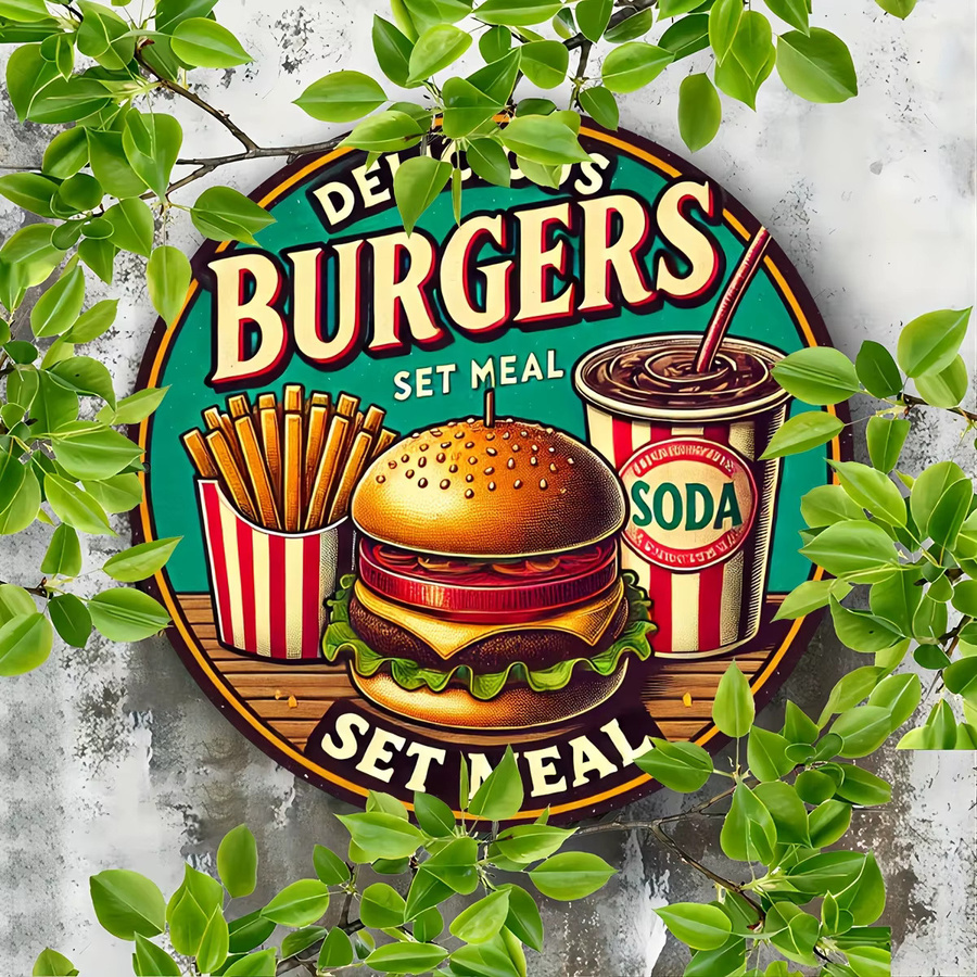 Potdemiel Metallschild Delicious Burgers im Vintage-Stil, runde Aluminium-Wandkunst, Mehrfarbig, Durchmesser: 20,3 cm - Bild 5