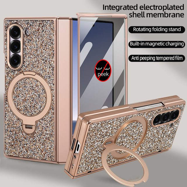 VIETAO Glitzer PU-Leder Handyhülle mit drehbarem Ringhalter und Ständer für Galaxy Z Fold 7 und Galaxy Z Fold 6 in Pink Gold Multicolour mit magnetischem Vollschutz - Bild 1