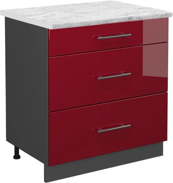 Vicco Küchenunterschrank Fame-Line Bordeaux Hochglanz/Anthrazit mit 3 Schubladen und Marmor-Optik, Breite: 80 cm, Tiefe: 60 cm, Höhe: 82 cm - Bild 1