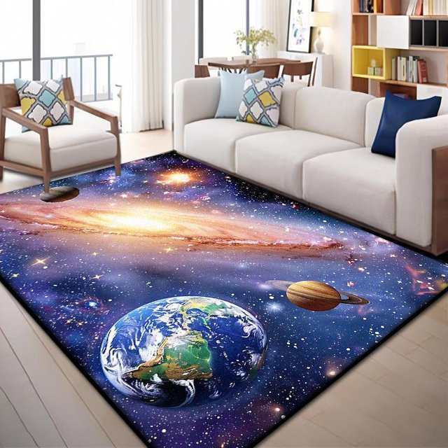 Karpetti Teppich Sonnensystem Sternenhimmel mit Cartoon-Dekoration, rutschfest und waschbar, B: 120 cm, T: 80 cm - Bild 1