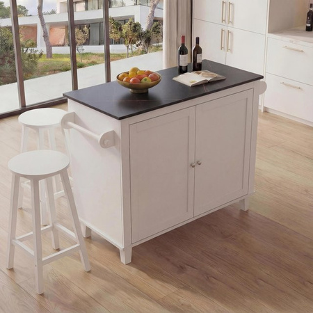 Kücheninsel MCW-P61 mit 2 Sitzhockern und Staufächern aus MDF, Farbe Weiß und Schwarz in Marmor-Optik, B/T/H: 120 x 90 x 45 cm