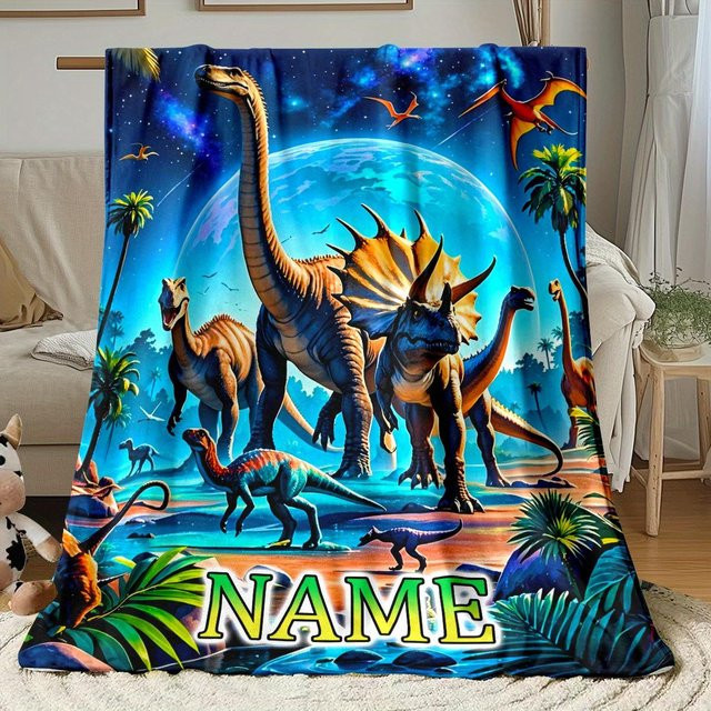 Personalisierte Dinosaurier-Decke mit Namen aus weichem Coral Fleece und Plüsch für Kinder, B/B: 70 x 100 cm - Bild 1