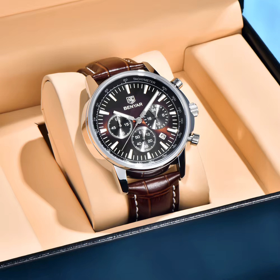 BENYAR Chronograph Armbanduhr, Quarz, Leder, Herren, Schwarz - Bild 3