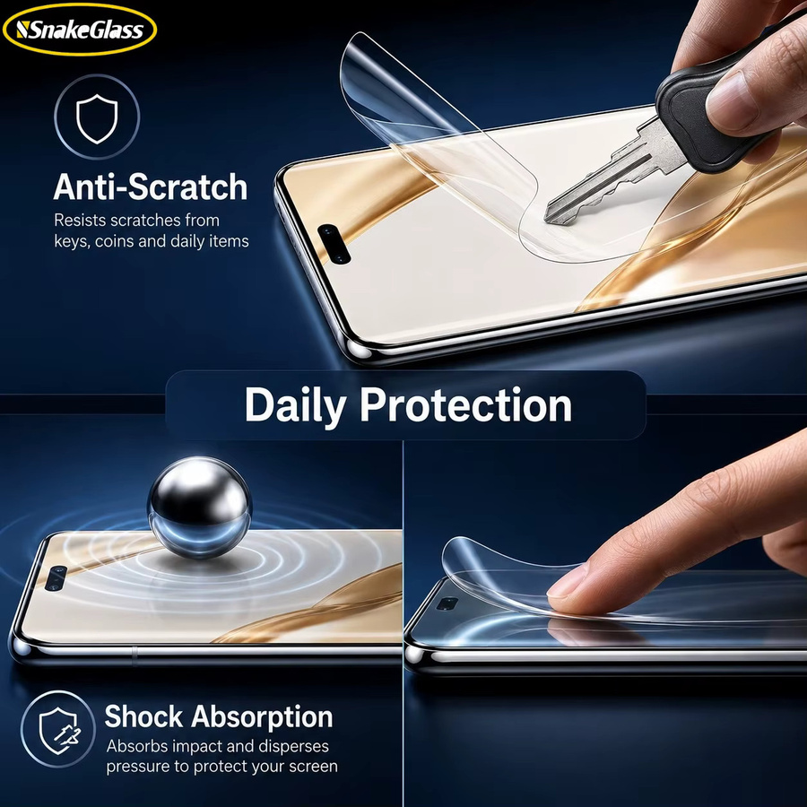 SnakeGlass HD Hydrogel-Folie für Honor 600 Lite, 600 Pro, 600, 500, 400, 300, X9, X8, 200Pro, 100, X7b, X6 in Transparent, Kratzfester Selbstreparierender Displayschutz - Bild 2