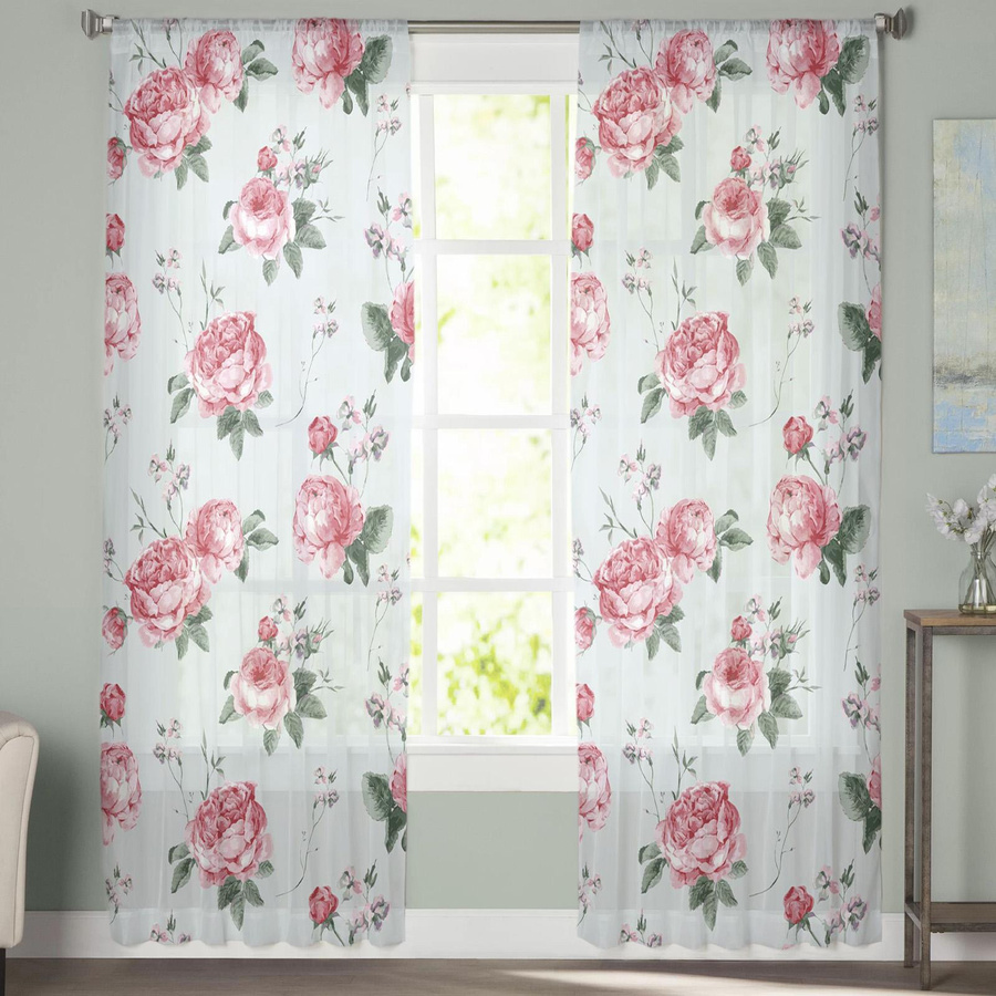 Rosa Tüll-Vorhang mit Rosen-Aquarellmuster in Pink, transparentes Chiffon-Voile für Wohnzimmer und Schlafzimmer, Breite: 100 cm, Höhe: 250 cm - Bild 1