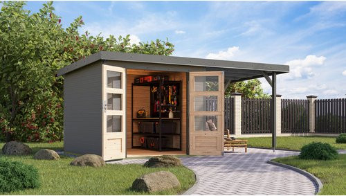 KARIBU Gartenhaus Osterby 3,5 D aus nordischem Fichtenholz in Grau mit Pultdach und Zylinderschloss, B/H/T: 482,5 x 209 x 242 cm - Bild 1