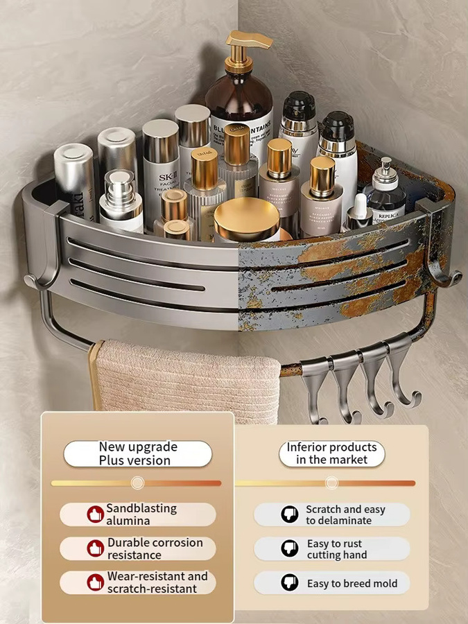 YUNJIEYA Wandregal aus Aluminium in Silber Matt für Badezimmer und Küche, Eckregal ohne Bohren - Bild 4